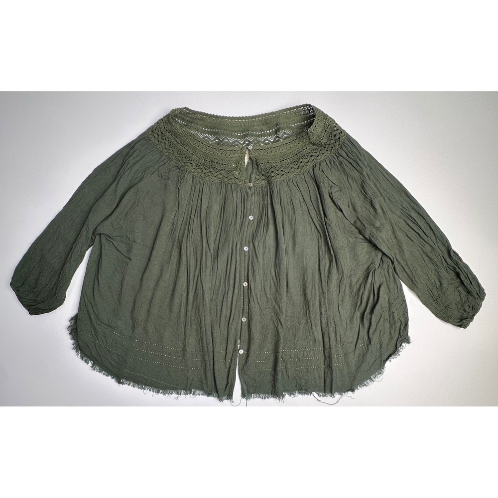 Free People‎ FP One Crochet Lace Button Down Top Olive Green XS/S Boho Gauze